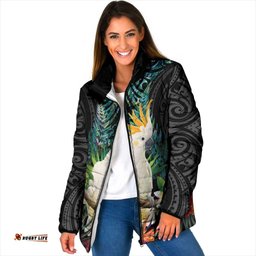 Sulphur-crested Cockatoo New Zealand Padded Jacket Paua Shell Aotearoa Maori Tropical Flowers LT14