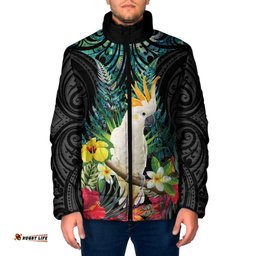 Sulphur-crested Cockatoo New Zealand Padded Jacket Paua Shell Aotearoa Maori Tropical Flowers LT14