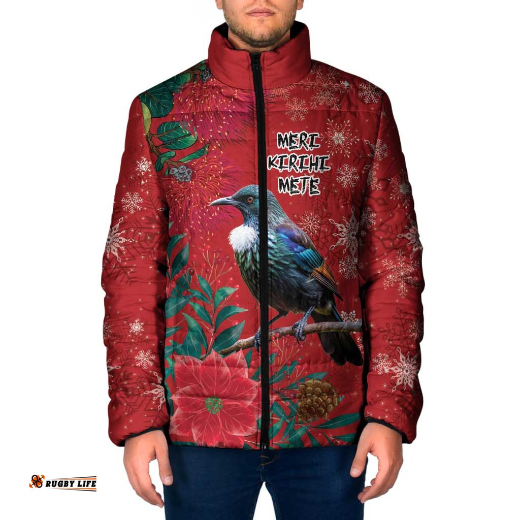 Tui Meri Kirihimete Personalised Padded Jacket Pohutukawa Flowers Red Motif LT9