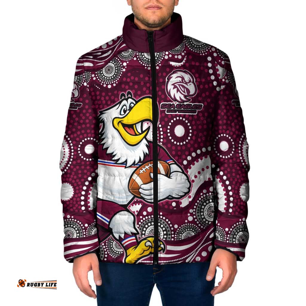 Manly Warringah Sea Eagles Padded Jacket Aboriginal Dot Pattern - Rugby Mascot Heritage Pride TS04