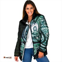 Whale and Dhari Torres Strait Islands Padded Jacket Deep Green Oceanic Tribal Pattern Art TS04