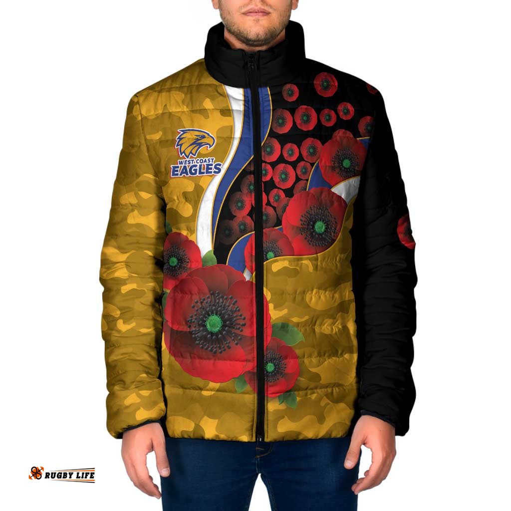 West Eagles ANZAC Personalised Padded Jacket Lest We Forget Poppy Camo LT9