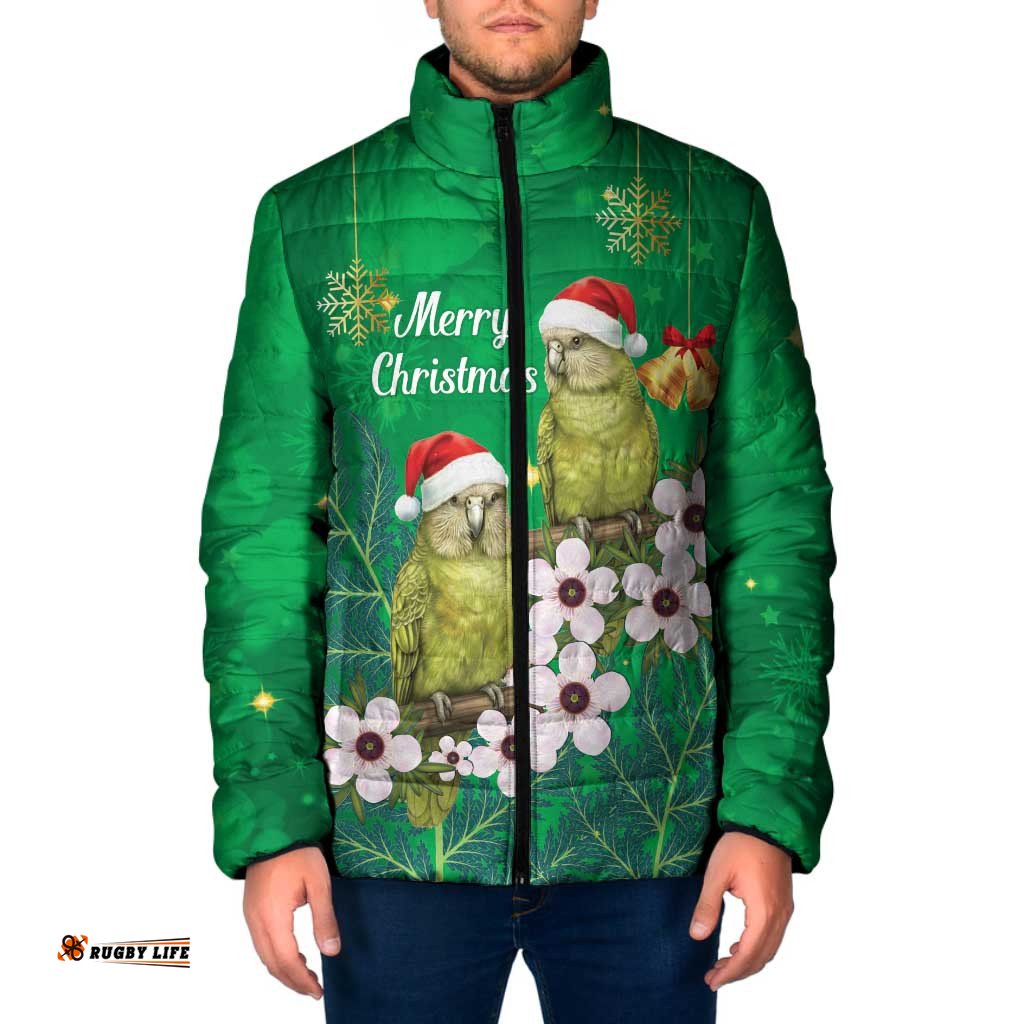 New Zealand Kakapo Christmas Padded Jacket Owl Parrot Santa Sliver Fern Manuka - Green LT14