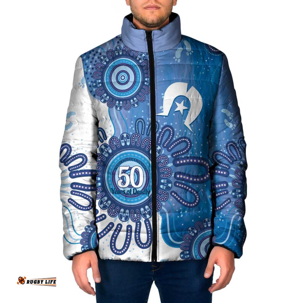 NAIDOC Week 2026 Padded Jacket 50 Years Deadly Dhari Blue Aboriginal Art LT14