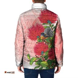 New Zealand Fantail Padded Jacket Maori Koru With Pohutukawa Flowers LT05