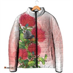 New Zealand Fantail Padded Jacket Maori Koru With Pohutukawa Flowers LT05