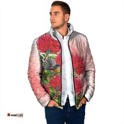 New Zealand Fantail Padded Jacket Maori Koru With Pohutukawa Flowers LT05