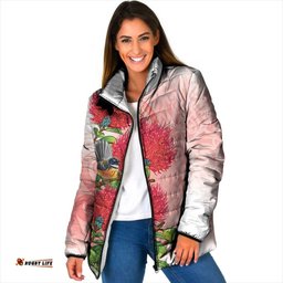 New Zealand Fantail Padded Jacket Maori Koru With Pohutukawa Flowers LT05