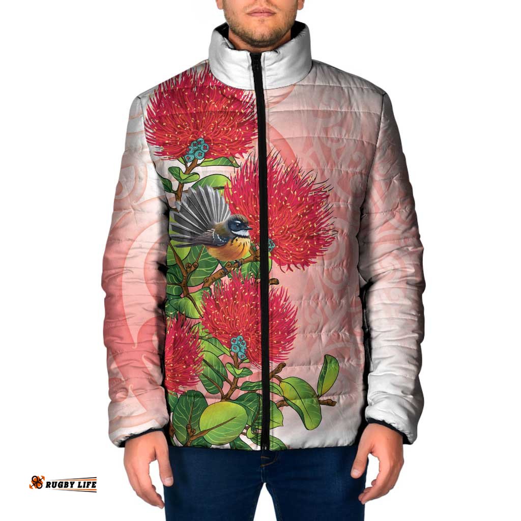 New Zealand Fantail Padded Jacket Maori Koru With Pohutukawa Flowers LT05