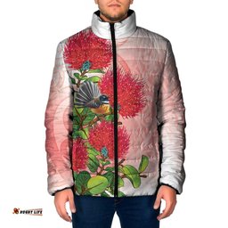 New Zealand Fantail Padded Jacket Maori Koru With Pohutukawa Flowers LT05