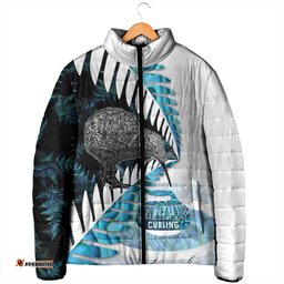 New Zealand Silver Fern Curling Personalised Padded Jacket Aotearoa Kiwi Ponga Paua Shell Version LT14