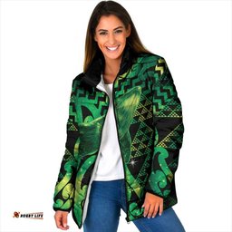 Humpback Whale Matariki New Zealand Padded Jacket NZ Maori Paikea Poutama Luxury Green LT14