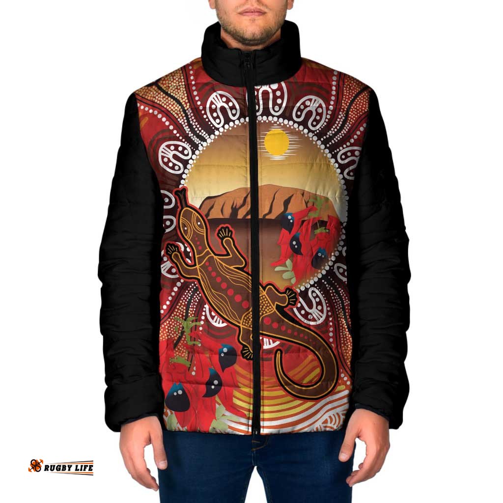 Indigenous Goanna Australia Padded Jacket Aussie Uluru Ayers Rock Sturt's Desert Pea LT14