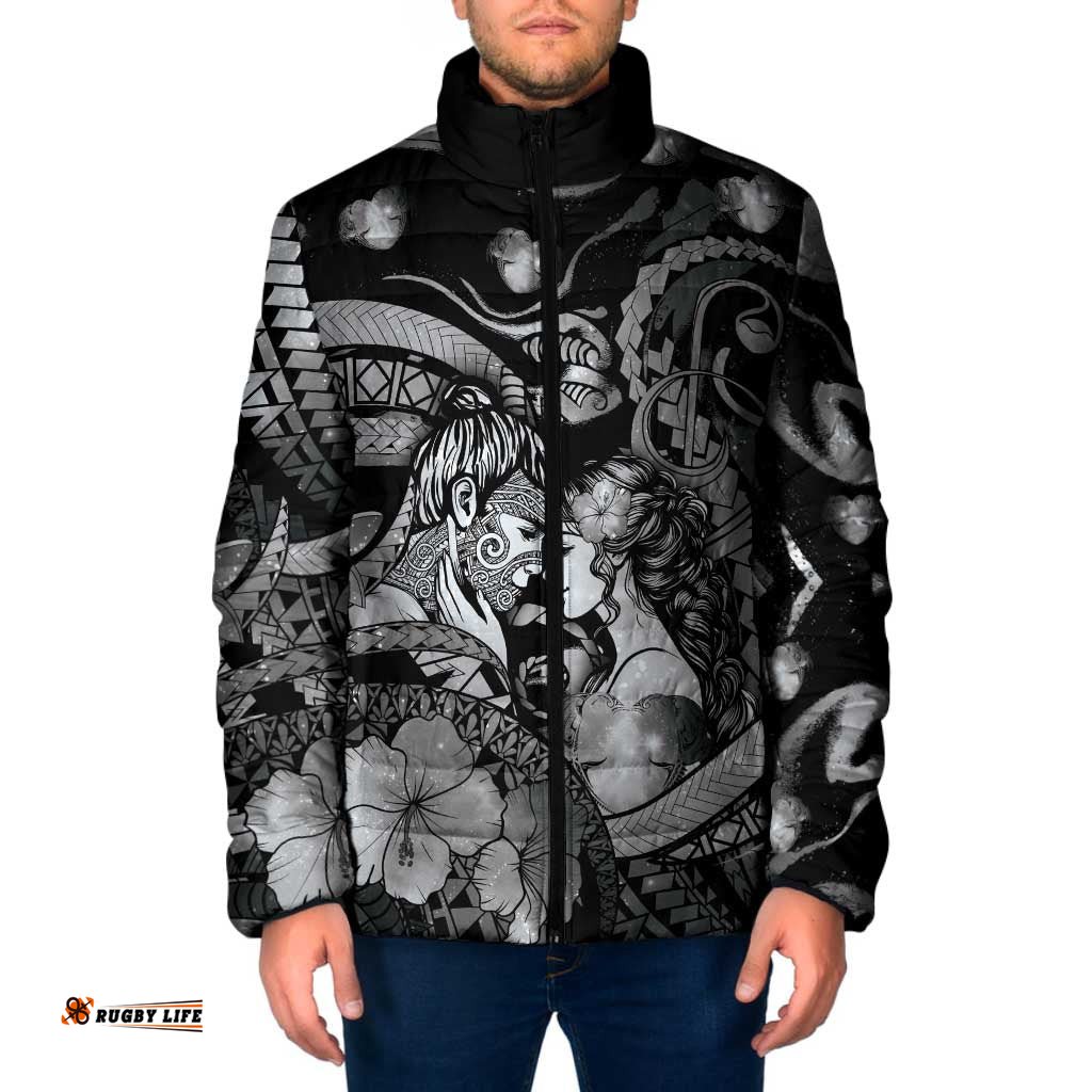 Personalised Maori Romantic Valentine Padded Jacket The Hongi Kiss Black Galaxy DT05