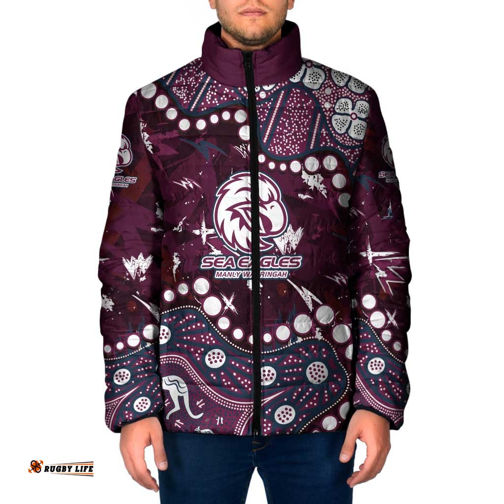 Personalized Manly Warringah Sea Eagles Padded Jacket Aboriginal Pattern with Graffiti Style Design TS04