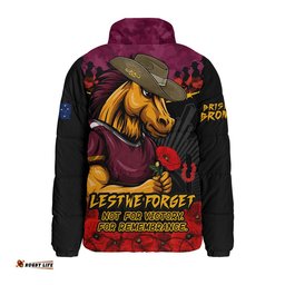 Brisbane Broncos Padded Jacket ANZAC Day Red Poppy And Brave Hearts Remembrance