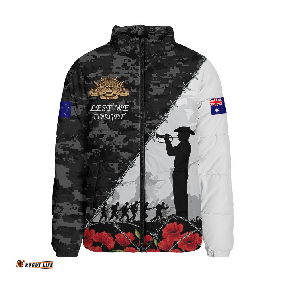 Australia Padded Jacket Anzac Day Poppy And Barbed Wire Of Service