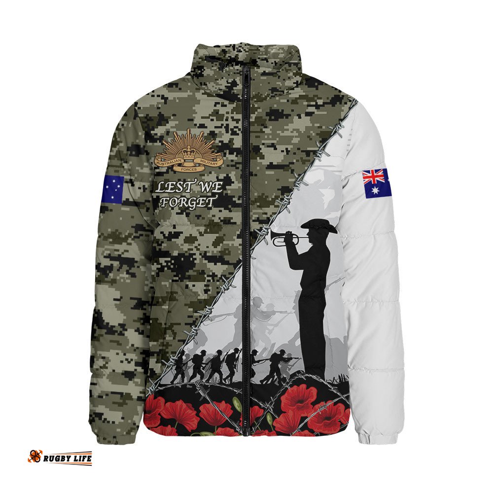 Australia Padded Jacket Anzac Day Poppy And Barbed Wire Of Service