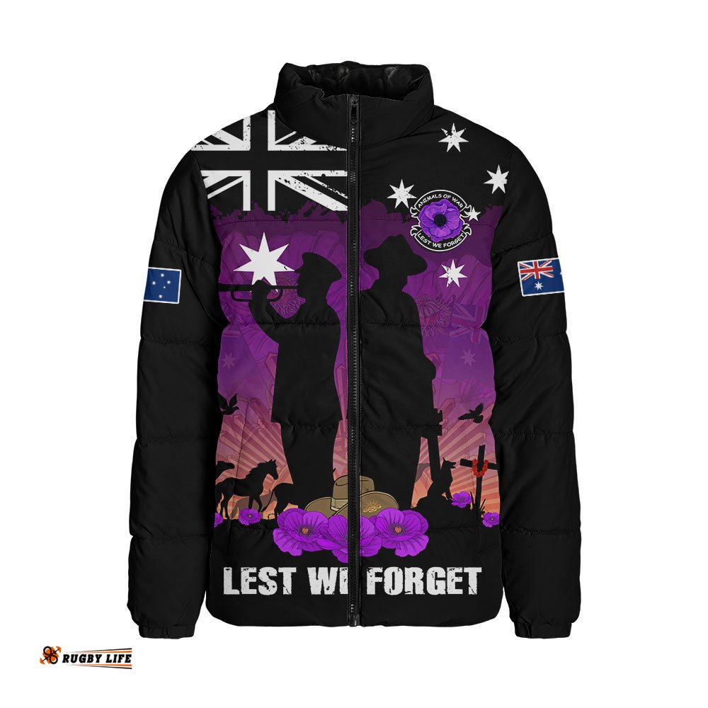 Australia Padded Jacket Anzac Day Remembering Service Animals Sacrifice