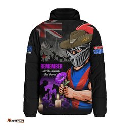 Newcastle Knights Padded Jacket Anzac Day Purple Poppy And Animals That Served