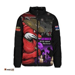 Redcliffe Dolphins Padded Jacket Anzac Day Purple Poppy And Animals That Served