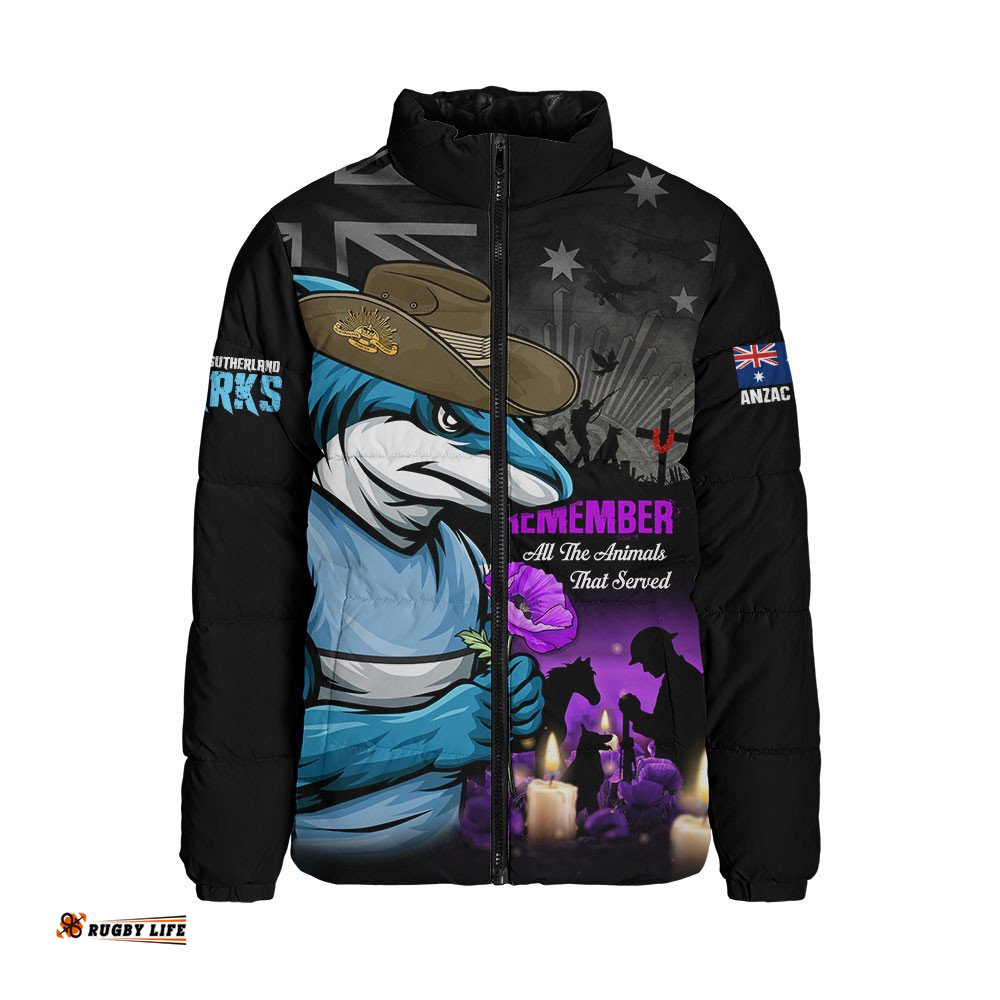 Cronulla-Sutherland Sharks Padded Jacket Anzac Day Purple Poppy And Animals That Served