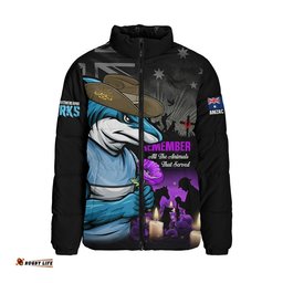 Cronulla-Sutherland Sharks Padded Jacket Anzac Day Purple Poppy And Animals That Served