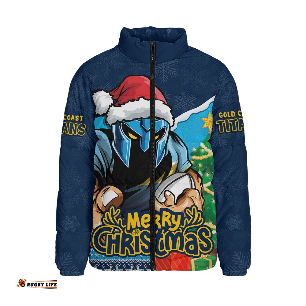 Gold Coast Titans Padded Jacket Santa Scoring Touchdown On Christmas Game Day