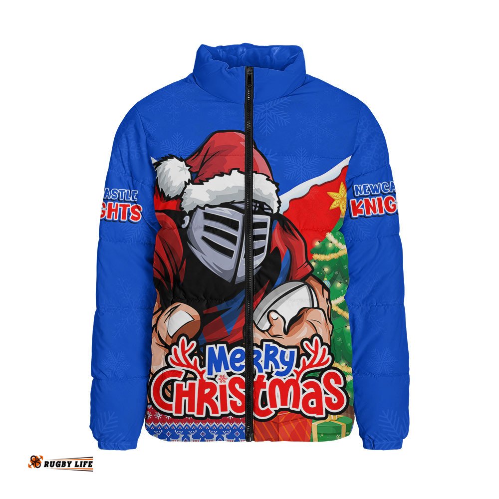 Newcastle Knights Padded Jacket Santa Scoring Touchdown On Christmas Game Day