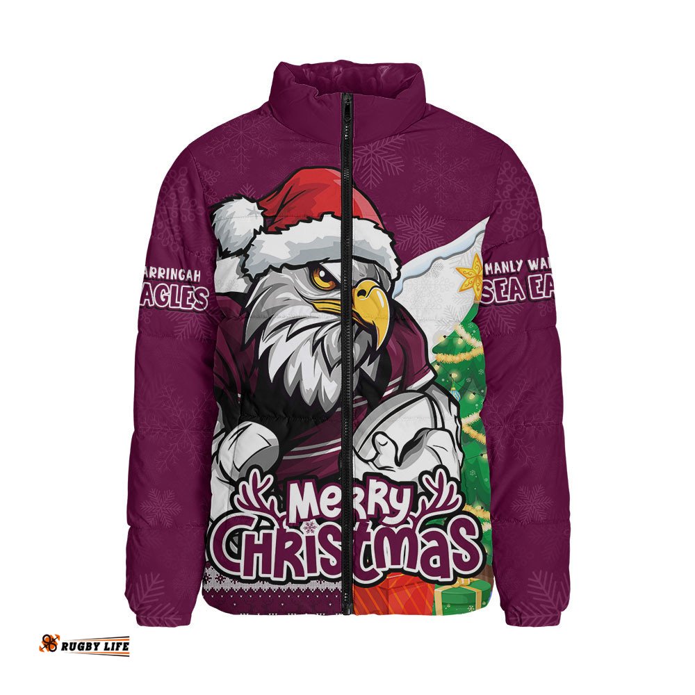 Manly Warringah Sea Eagles Padded Jacket Santa Scoring Touchdown On Christmas Game Day