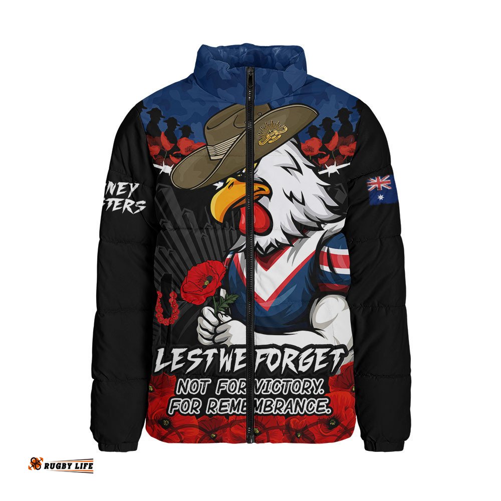 Sydney Roosters Padded Jacket ANZAC Day Red Poppy And Brave Hearts Remembrance
