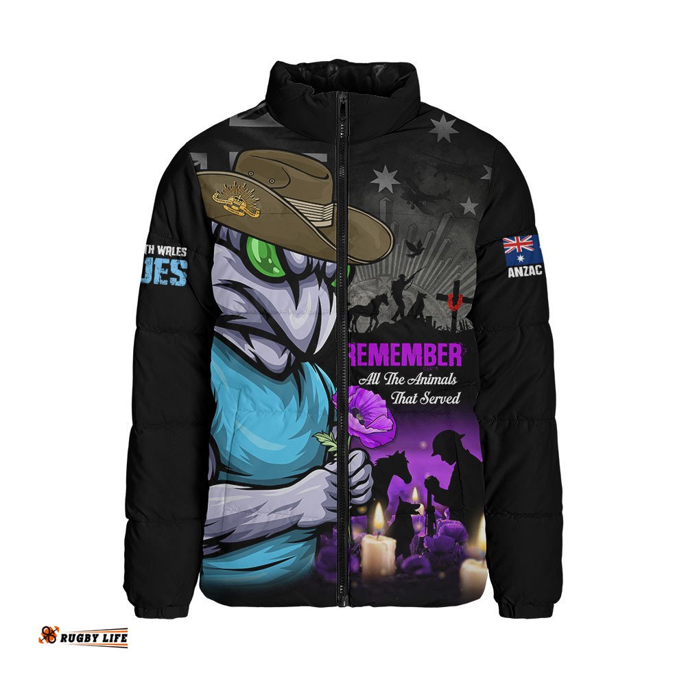New South Wales Blues Padded Jacket Anzac Day Purple Poppy And Animals That Served