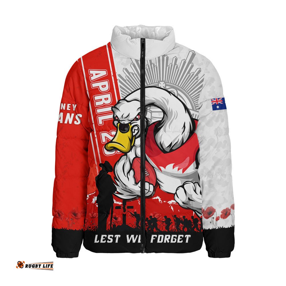 Sydney Swans Padded Jacket Anzac Day Lest We Forget Memorial