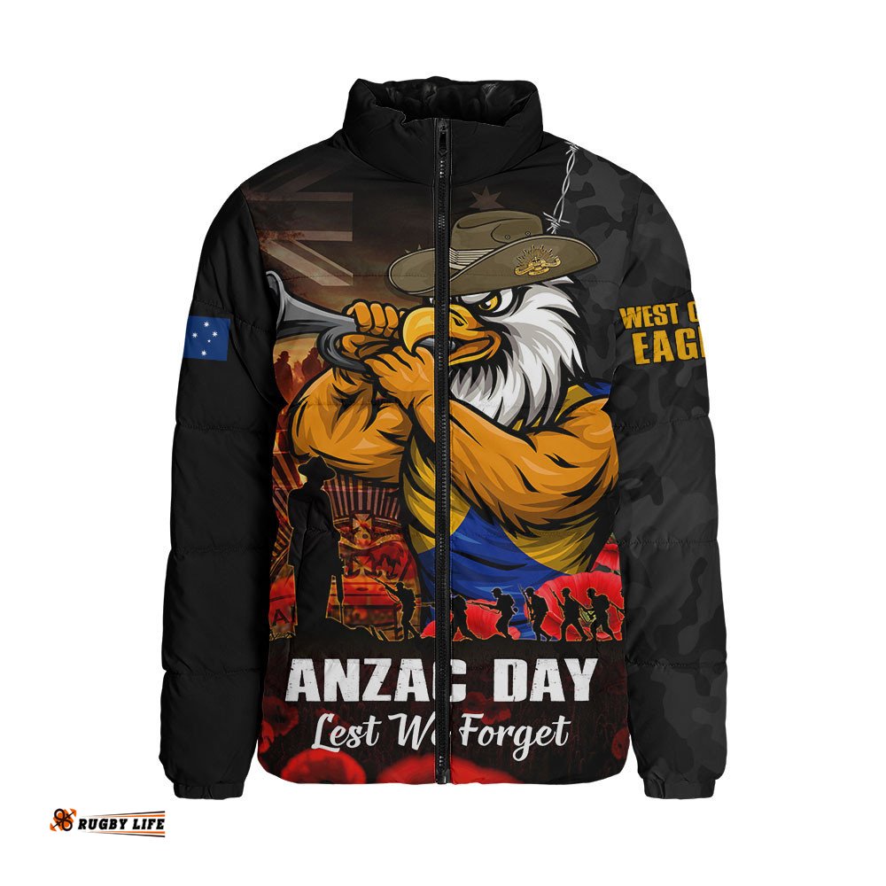 West Coast Eagles Padded Jacket ANZAC Day Lest We Forget Red Poppy And Honor The Brave Tribute