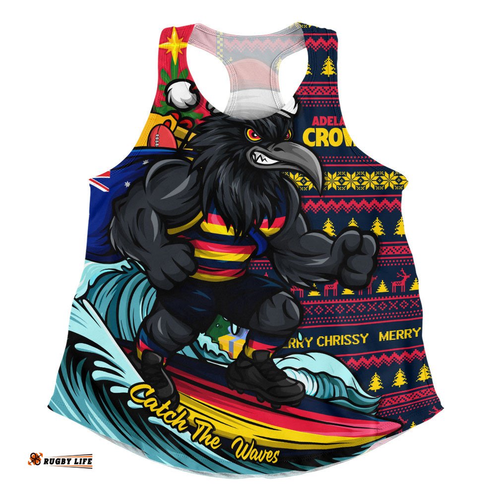 Adelaide Crows Women Racerback Singlet Christmas Holiday Santa Rides The Waves