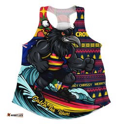 Adelaide Crows Women Racerback Singlet Christmas Holiday Santa Rides The Waves