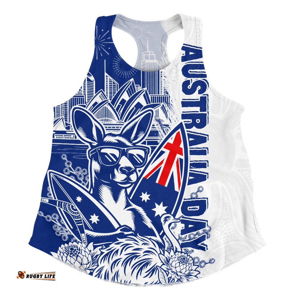 Australia Women Racerback Singlet Australia Day Kangaroo Surfboard Blue Skyline Celebration