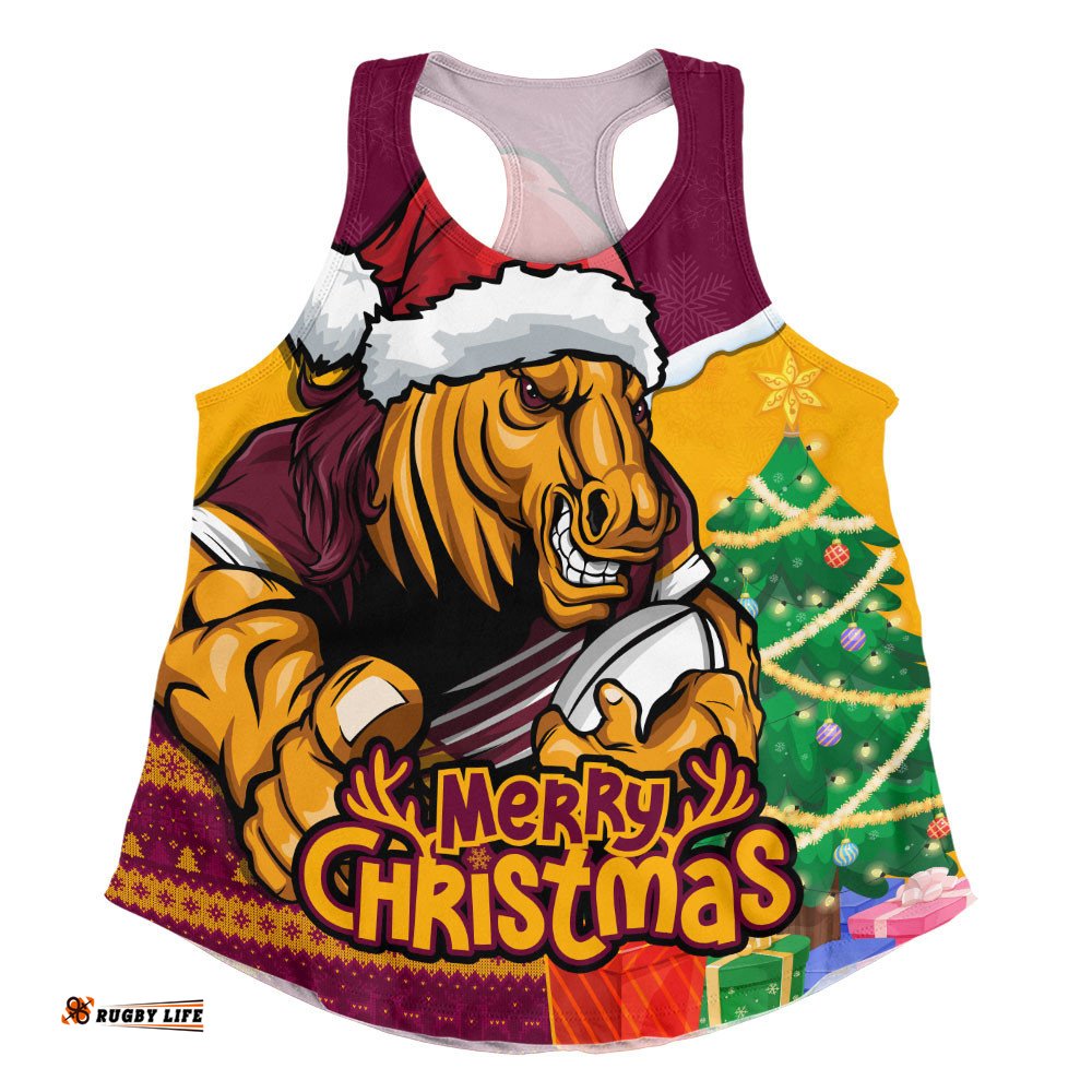 Brisbane Broncos Women Racerback Singlet Santa Scoring Touchdown On Christmas Game Day