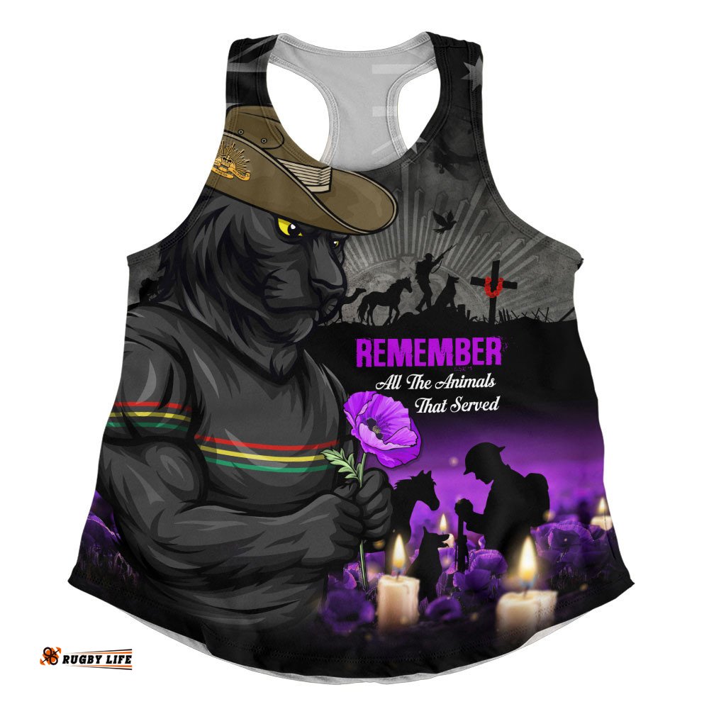 Penrith Panthers Women Racerback Singlet Anzac Day Purple Poppy And Animals That Served