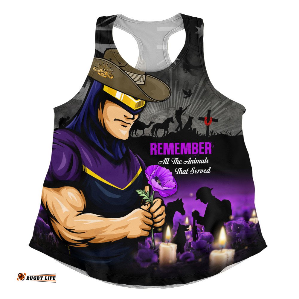 Melbourne Storm Women Racerback Singlet Anzac Day Purple Poppy And Animals That Served