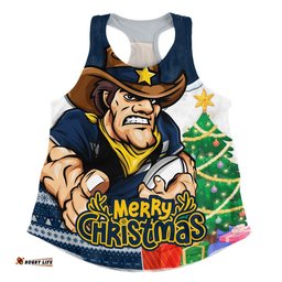 North Queensland Cowboys Women Racerback Singlet Santa Scoring Touchdown On Christmas Game Day