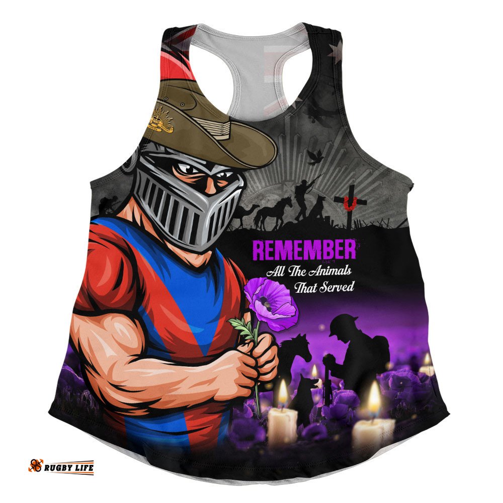 Newcastle Knights Women Racerback Singlet Anzac Day Purple Poppy And Animals That Served