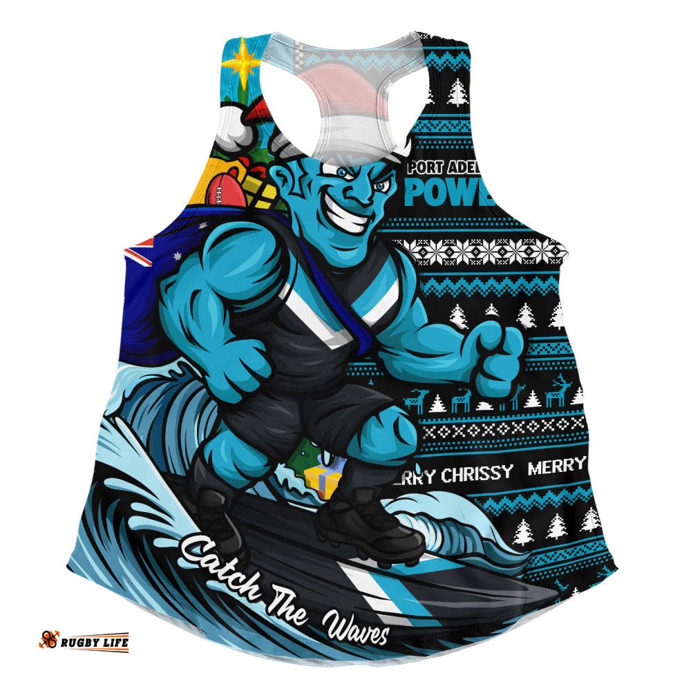Port Adelaide Women Racerback Singlet Christmas Holiday Santa Rides The Waves