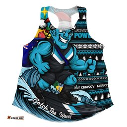 Port Adelaide Women Racerback Singlet Christmas Holiday Santa Rides The Waves