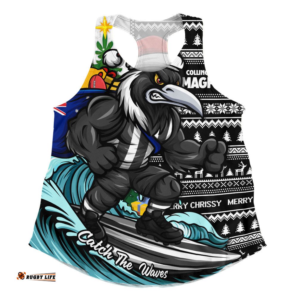 Collingwood Women Racerback Singlet Christmas Holiday Santa Rides The Waves
