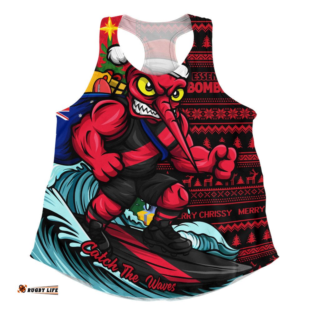 Essendon Women Racerback Singlet Christmas Holiday Santa Rides The Waves