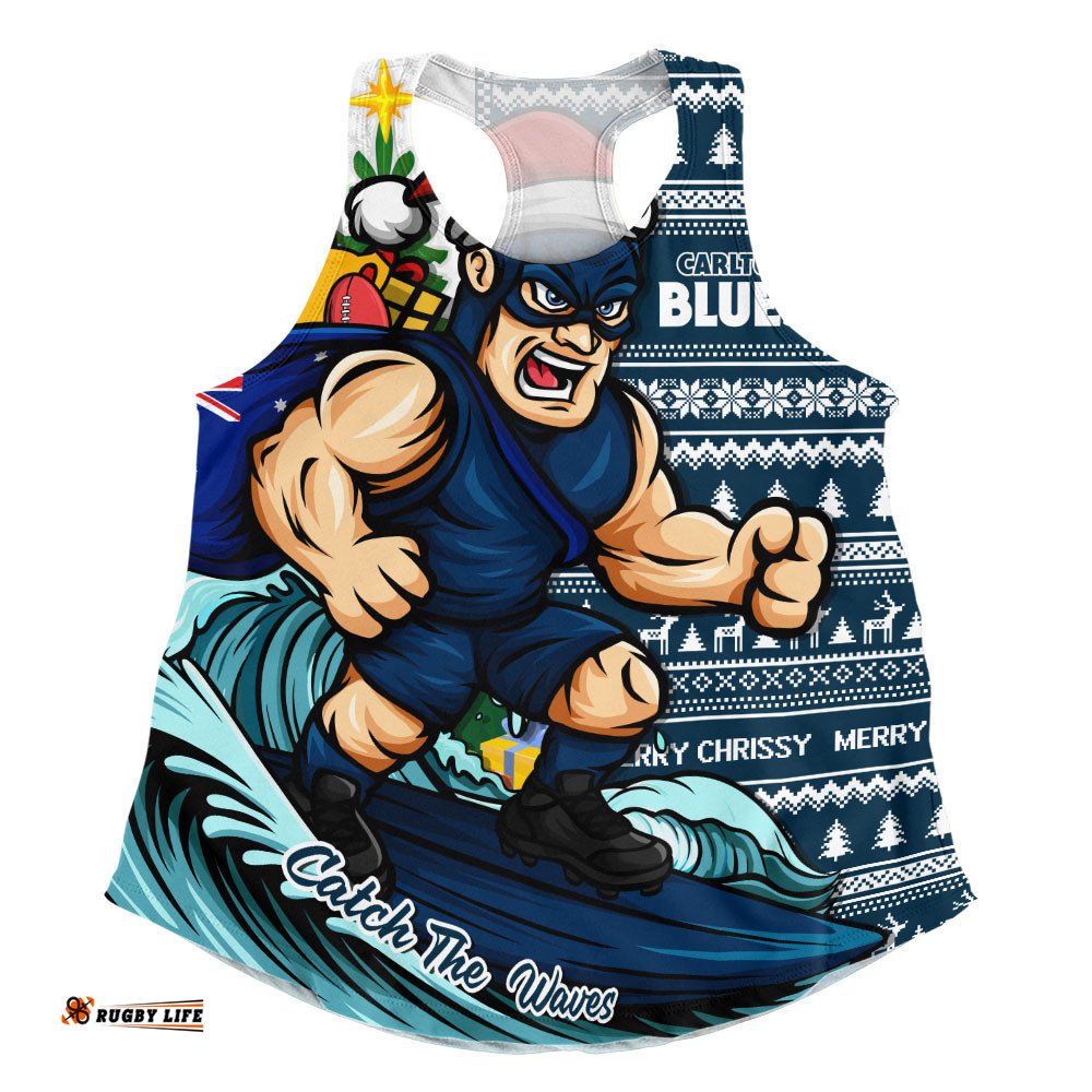 Carlton Women Racerback Singlet Christmas Holiday Santa Rides The Waves