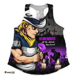 North Queensland Cowboys Women Racerback Singlet Anzac Day Purple Poppy And Animals That Served
