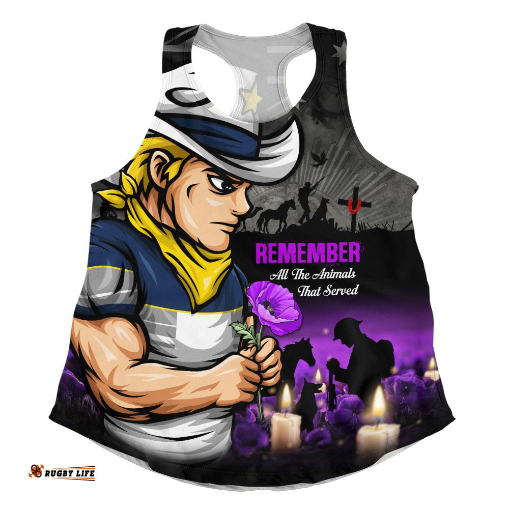 North Queensland Cowboys Women Racerback Singlet Anzac Day Purple Poppy And Animals That Served
