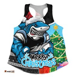 Cronulla-Sutherland Sharks Women Racerback Singlet Santa Scoring Touchdown On Christmas Game Day